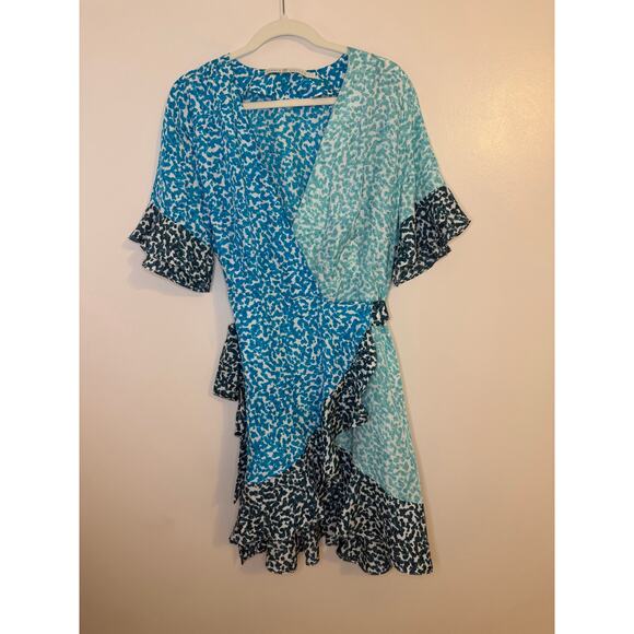 Marie Oliver Ryan Silk Mini Wrap Dress in Pebble Blue Ruffle Hem Large Coquette - Picture 2 of 9